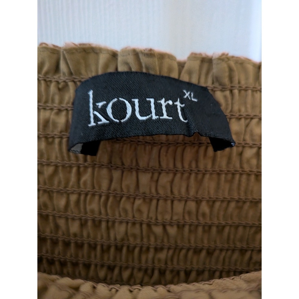 Kourt Tan Calypso Fan Print Smocked Boho Dress Metallic Stripe XL Womens - Picture 2 of 9